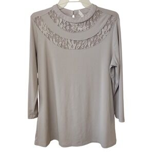 NY Collection‎ Blouse Womens M Mauve Lace Yoke 3/4 Sleeve Mock Neck Keyhole Back